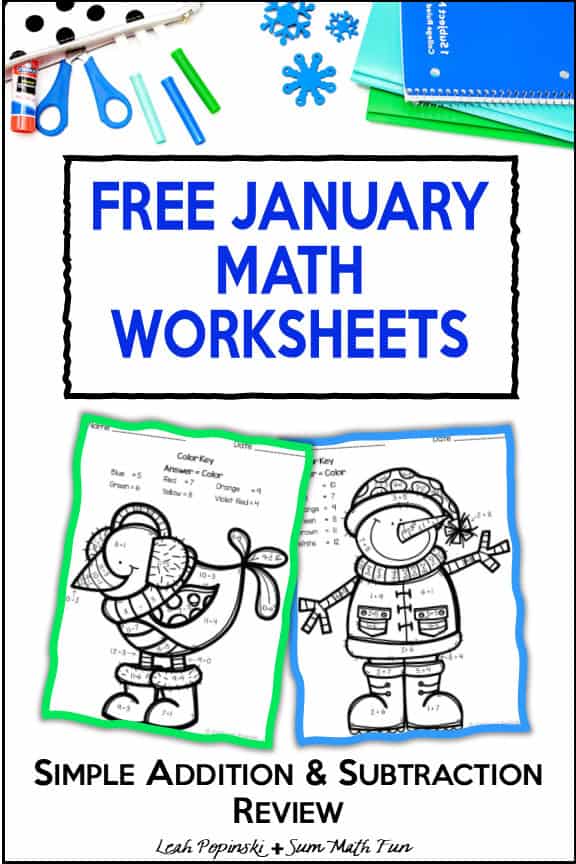 Free January math worksheets for first grade with winter-themed addition and subtraction practice.