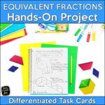 Student notebook with two solutions, a drawing, and an explanation for an equivalent fractions task.