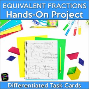 Student notebook with two solutions, a drawing, and an explanation for an equivalent fractions task.