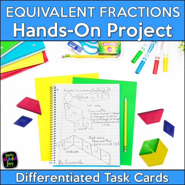 Student notebook with two solutions, a drawing, and an explanation for an equivalent fractions task.