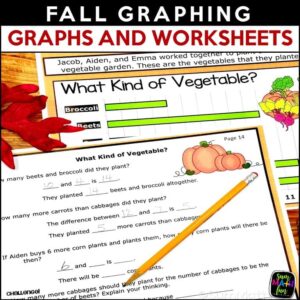 Fall graphing resource cover showing a vegetable bar graph and a worksheet with data questions, pumpkins, and autumn leaves.