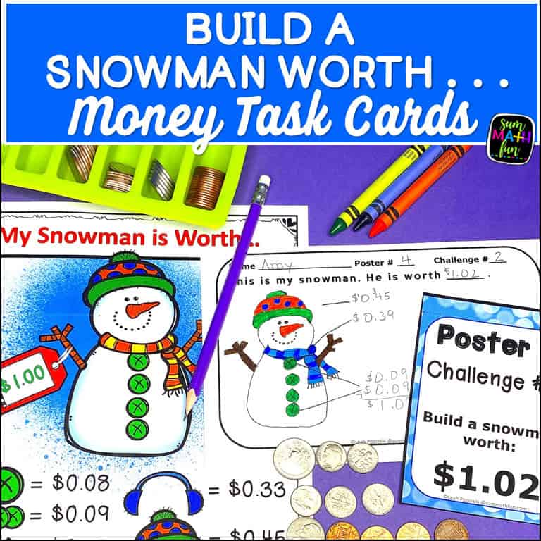 Cover of "Counting Money – Build a Snowman Math Activity," featuring coin identification and value exercises with a winter theme.