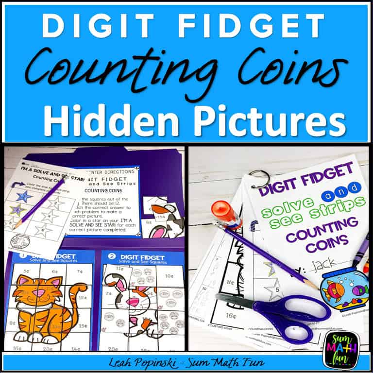 Cover of "Identifying Coins and Value – Hidden Pictures Counting Money Worksheets," designed for 2nd-grade students.