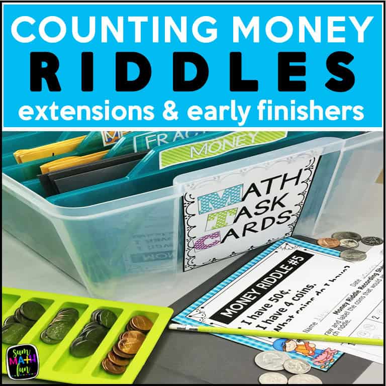 Cover of "Counting Money Practice Task Cards – Brain Teaser Activities for 2nd Grade," featuring fun riddles and engaging coin-counting challenges.
