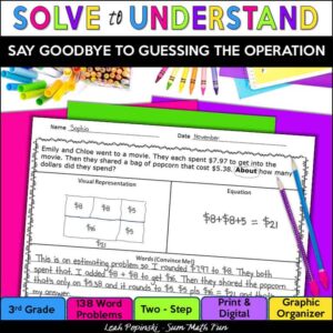 3rd grade two-step word problems graphic organizer showing visual models, equations, and written explanations for all operations
