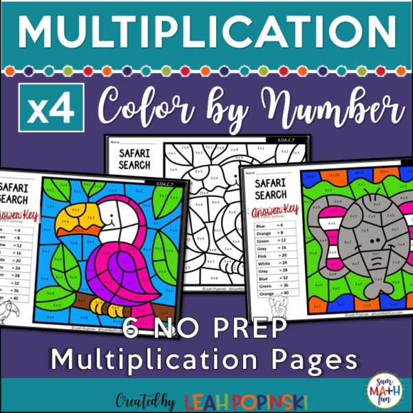 Multiplication Worksheets - Color by Number - Using 4 as a Factor - Sum