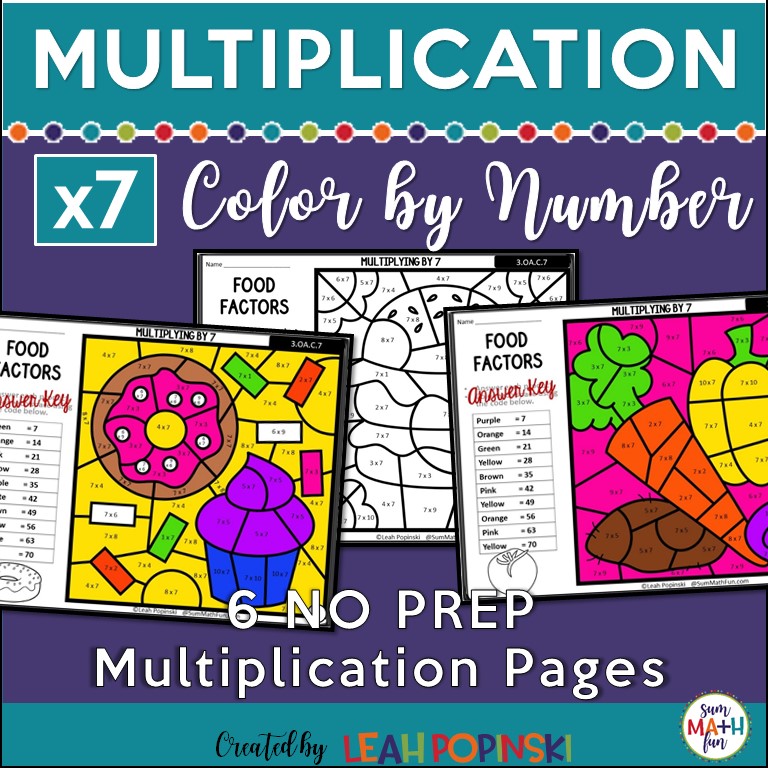 Multiplication Worksheets - Color by Number - Using 7 as a Factor - Sum