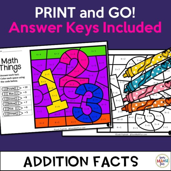 addition worksheets color by number sum math fun