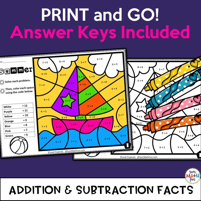 summer addition and subtraction worksheets color by number sum math fun