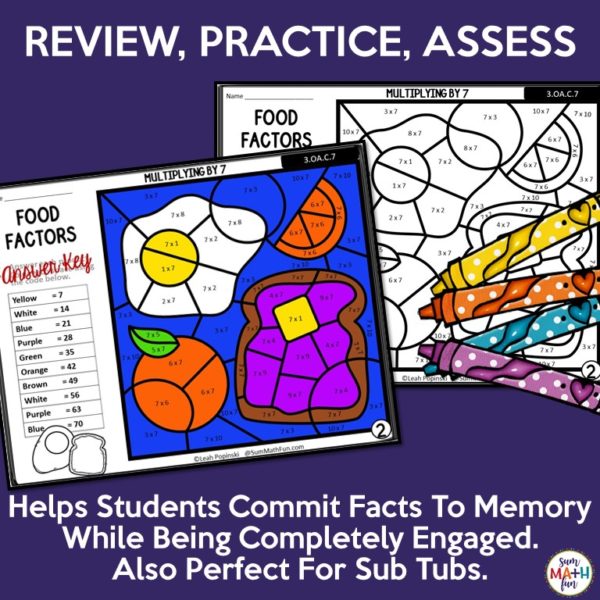 Multiplication Worksheets - Color by Number - Using 7 as a Factor - Sum