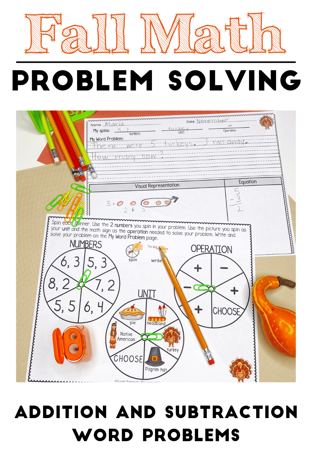 Addition and Subtraction Word Problems for November - Spin-A-Word-Problem