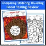 Place value worksheet with a baseball mitt and ball image, focusing on comparing, ordering, and rounding numbers.