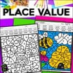 Spring place value color by number worksheets reviewing greater than, less than, and numbers between.