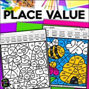 Spring place value color by number worksheets reviewing greater than, less than, and numbers between.