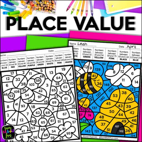Spring place value color by number worksheets reviewing greater than, less than, and numbers between.