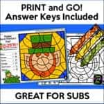 Two sample Saint Patrick’s Day color by number worksheets with print-and-go ease, answer keys, and sub-friendly use.