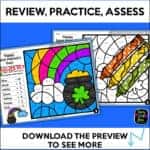 Two Saint Patrick’s Day color by number worksheets for math practice, review, and independent work.