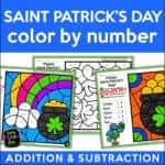 Saint Patrick’s Day color by number worksheets for addition and subtraction within 20. Cover shows three sample pages with festive designs.
