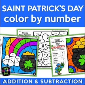 Saint Patrick’s Day color by number worksheets for addition and subtraction within 20. Cover shows three sample pages with festive designs.