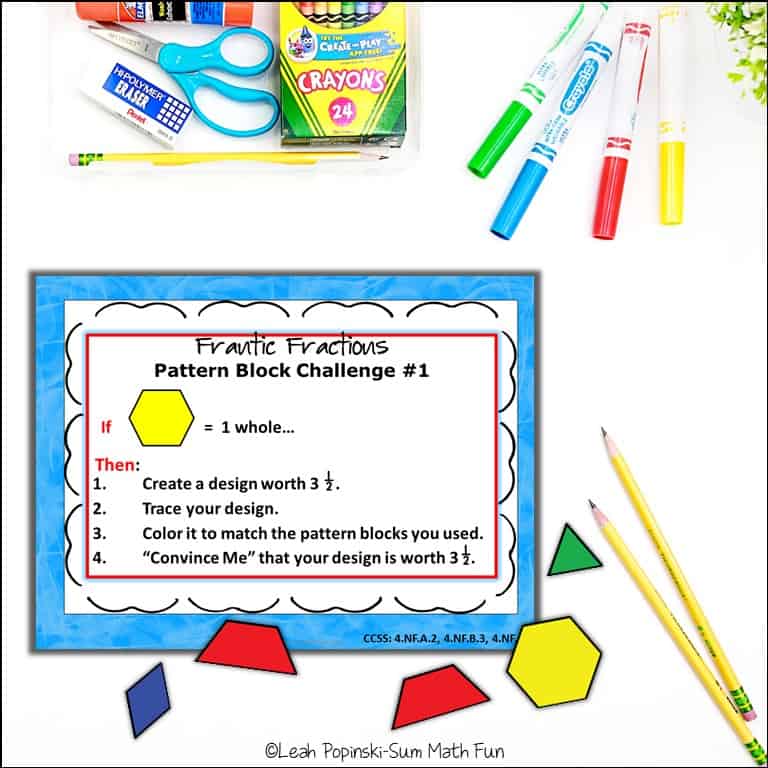 Free hands-on equivalent fraction challenges using pattern blocks