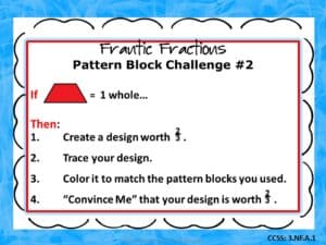 Free hands-on equivalent fraction challenges using pattern blocks