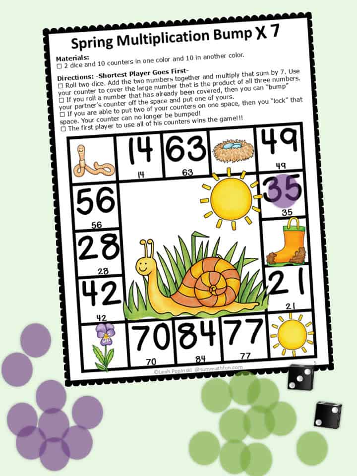 spring multiplication bump math game practicing facts by 7 with dice and counters