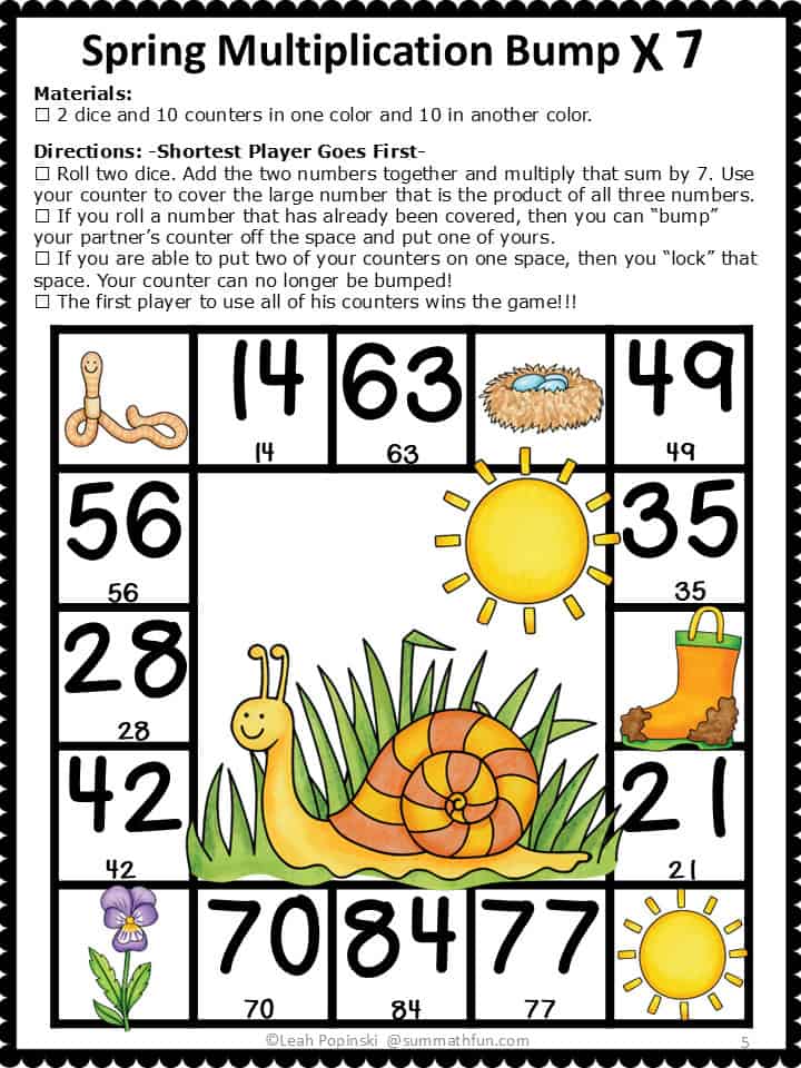 spring bump math game multiplication facts x7 for math centers