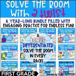 First Grade math scavenger hunt bundle of 12 resource for different skill work.