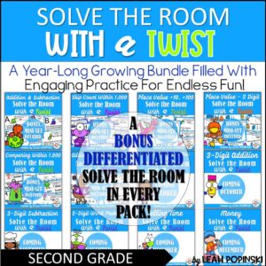 Second Grade math scavenger hunt bundle of 12 resource for different skill work.