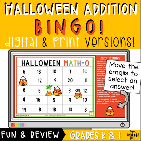 Printable and digital Halloween bingo game that helps first graders practice addition facts within 20 using cute seasonal math fun.
