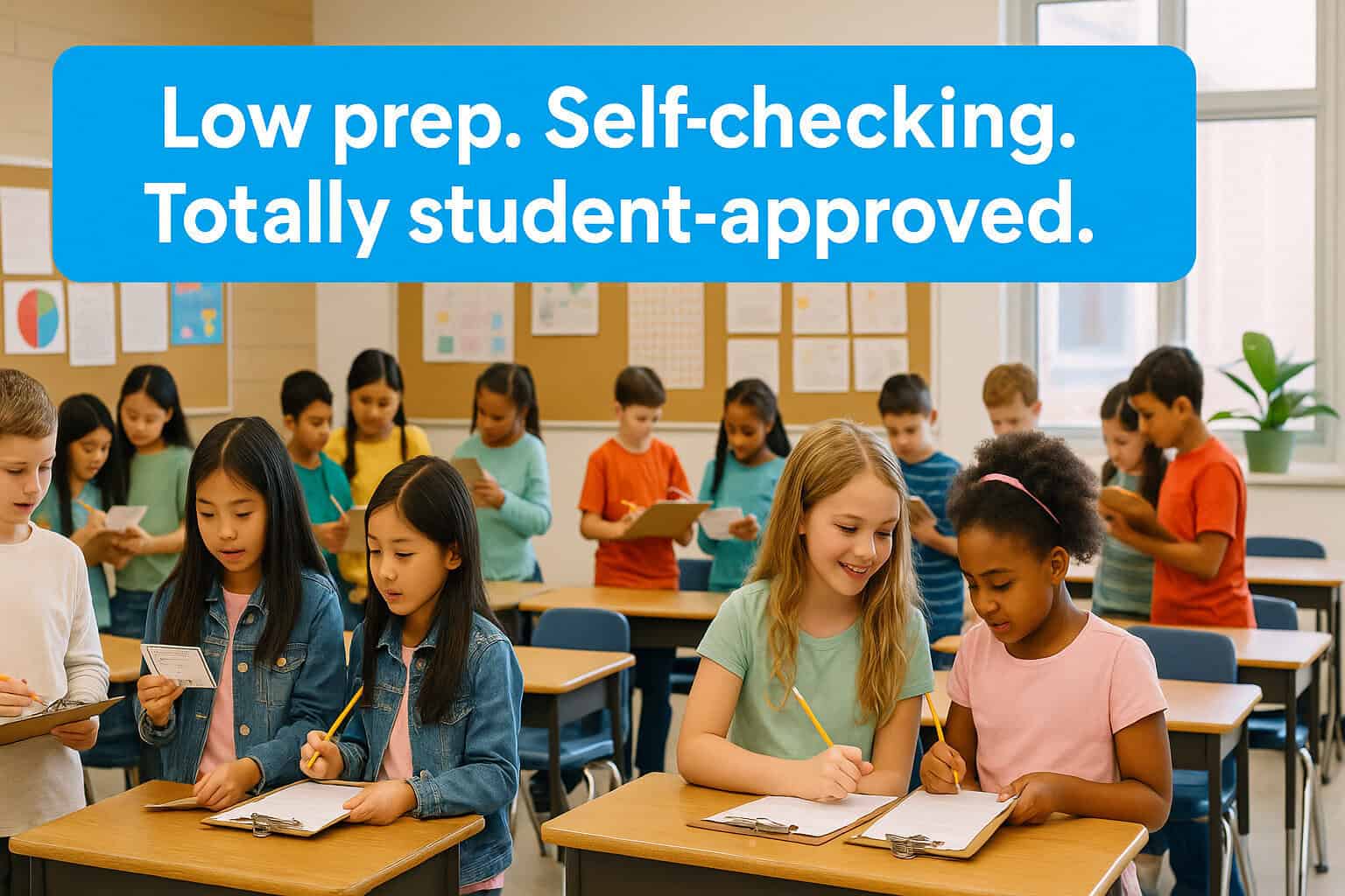 A bright third-grade classroom where diverse students work in pairs on math scavenger hunt task cards using clipboards and pencils. The blue banner reads, “Low prep. Self-checking. Totally student-approved.” The students are smiling and engaged, surrounded by bulletin boards and a green plant.
