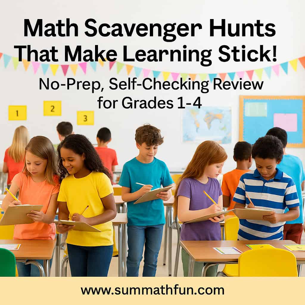 Diverse 3rd-grade students standing and collaborating during a math scavenger hunt. Each student holds a clipboard and pencil, solving problems on posted task cards in a bright, colorful classroom. Text overlay reads “Math Scavenger Hunts That Make Learning Stick! No-Prep, Self-Checking Review for Grades 1–4.”
