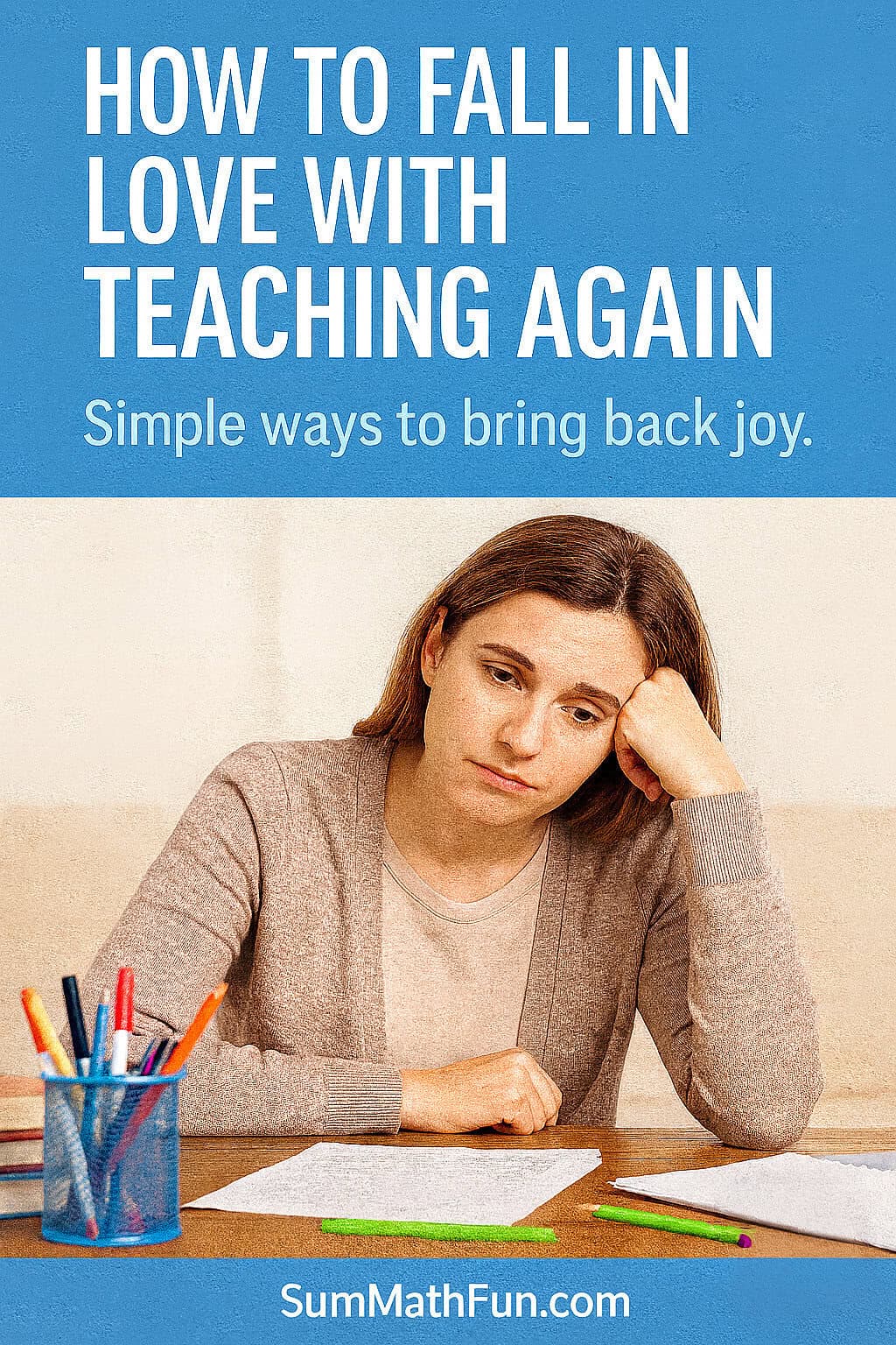 A depressed teacher sitting sadly at her desk. Text reads “How to Fall in Love with Teaching Again.”