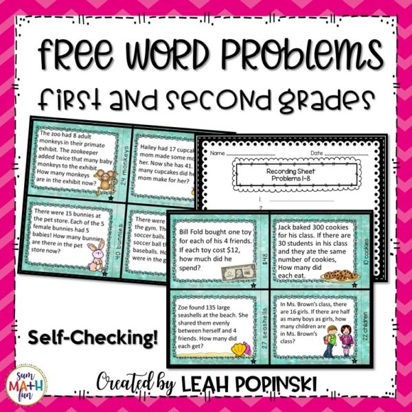 free-word-problems-first-2nd-task-cards-self-checking #wordproblems #freeprintables #firstgrade #2ndgrade