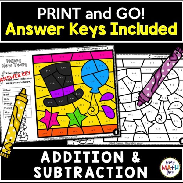 New-Years-addition-subtraction-color-by-number-first-2nd #NewYears #NewYearsfirstgrade #NewYears2ndgrade