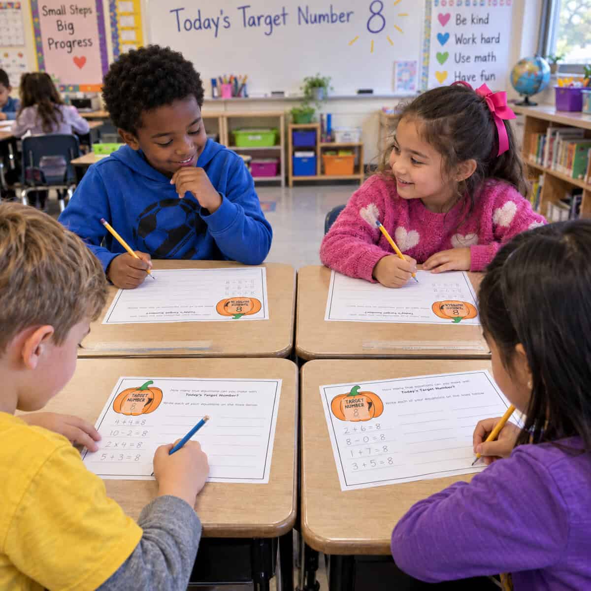 Four second graders write equations equal to 8 on fall Target Number worksheets during a classroom math warm-up.