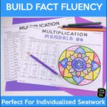 Thumbnail showing 2 sample color by number multiplication pages, ideal for fact fluency and independent seat work.
