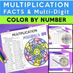 Color by number mandala multiplication cover with vibrant designs, featuring multiplication facts and multi-digit problems.
