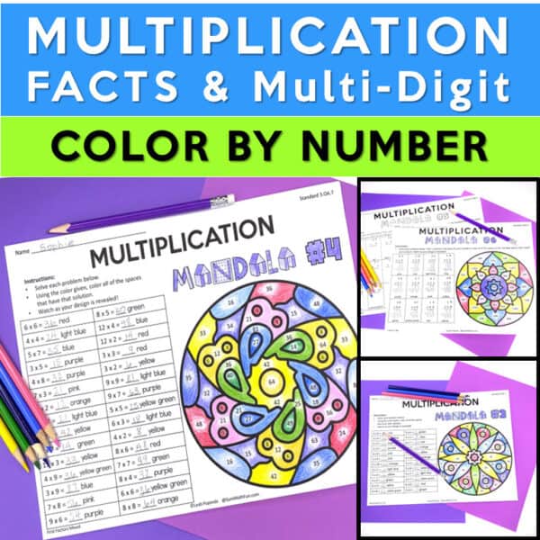 Color by number mandala multiplication cover with vibrant designs, featuring multiplication facts and multi-digit problems.