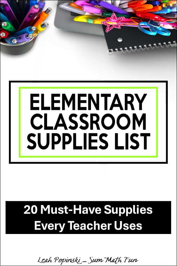 supplies list pin with must-have teacher supplies for organizing and teaching in elementary classrooms