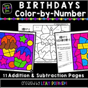 Addition and subtraction color by number pages with a birthday theme. #studentbirthdays #addition #subtraction