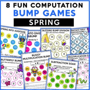 Free Spring-Themed Math Bump Games – Addition, Subtraction, Multiplication, and Division Review for Elementary Classrooms.