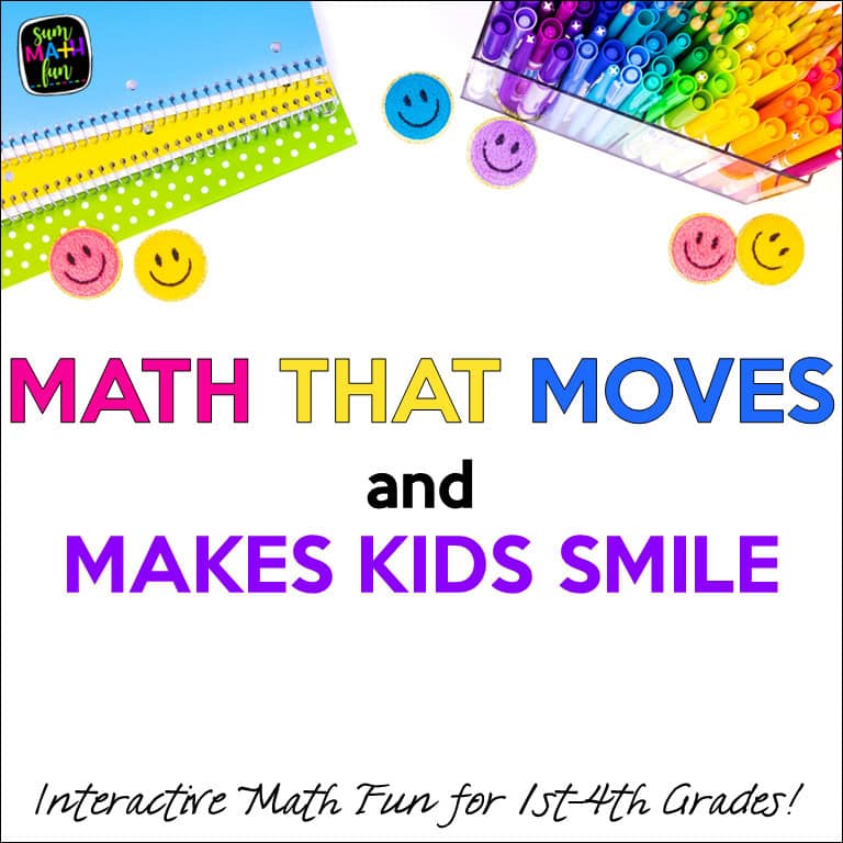 Excited elementary student jumping with backpack, illustrating hands-on math activities, color-by-number worksheets, and interactive learning for grades 1–4.