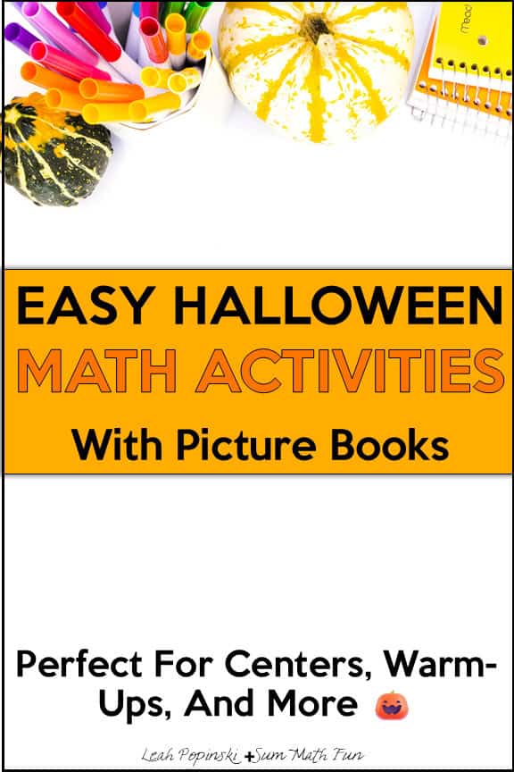 Easy Halloween math activities with picture books, Pinterest pin for teachers