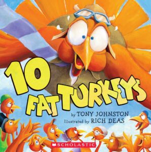 Children’s Thanksgiving counting book 10 Fat Turkeys showing silly turkeys perched on a fence—perfect for early math and counting down from ten.