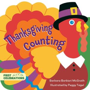 Cover of Thanksgiving Counting by Barbara Barbieri McGrath — bright, colorful Thanksgiving table setting with numbers and fall foods.