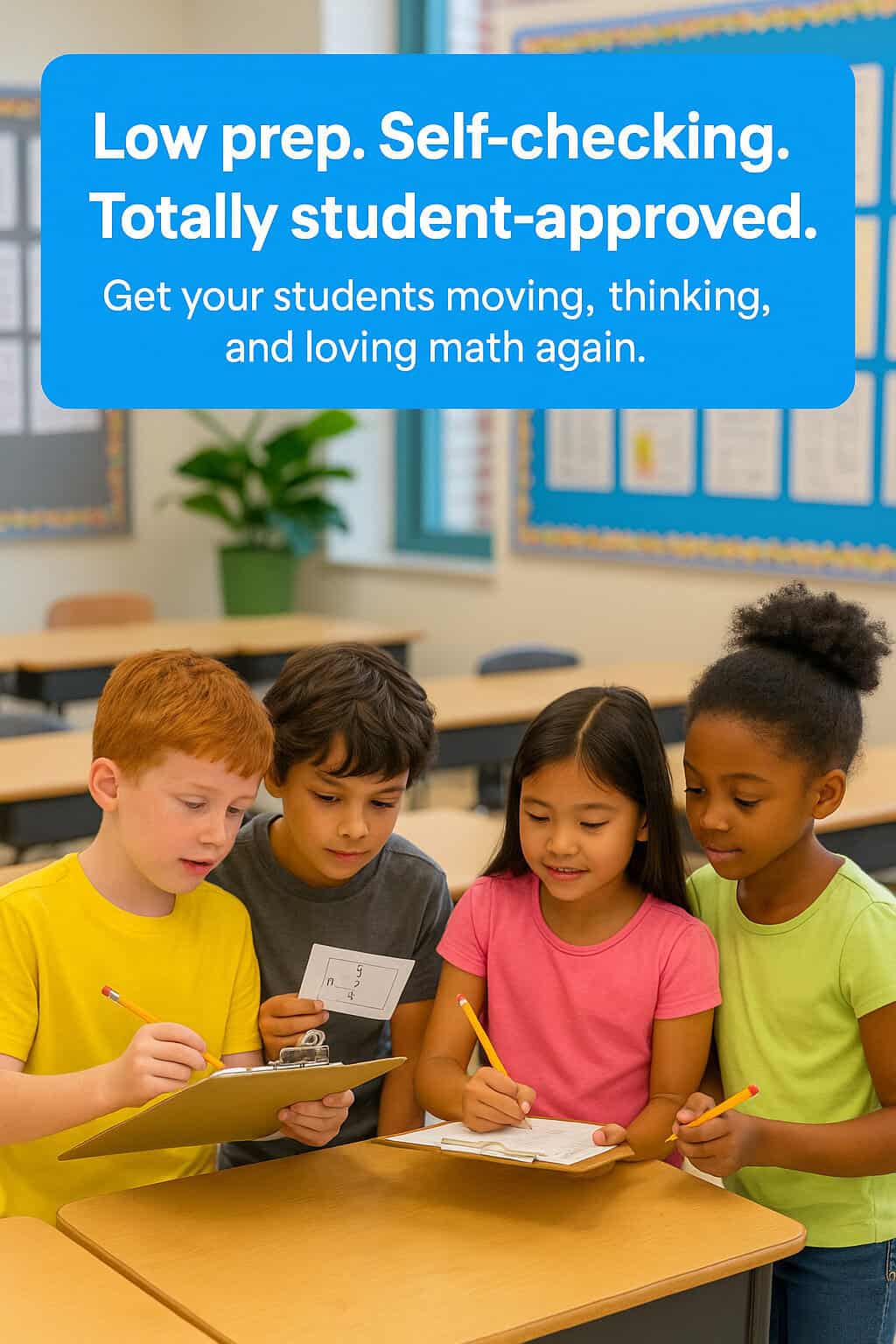 Diverse elementary students work in pairs during a math scavenger hunt, using clipboards and pencils to solve self-checking task cards. The blue banner reads, “Build Math Confidence—One Task Card at a Time!” with the subtitle, “Self-checking scavenger hunts that make learning stick.”