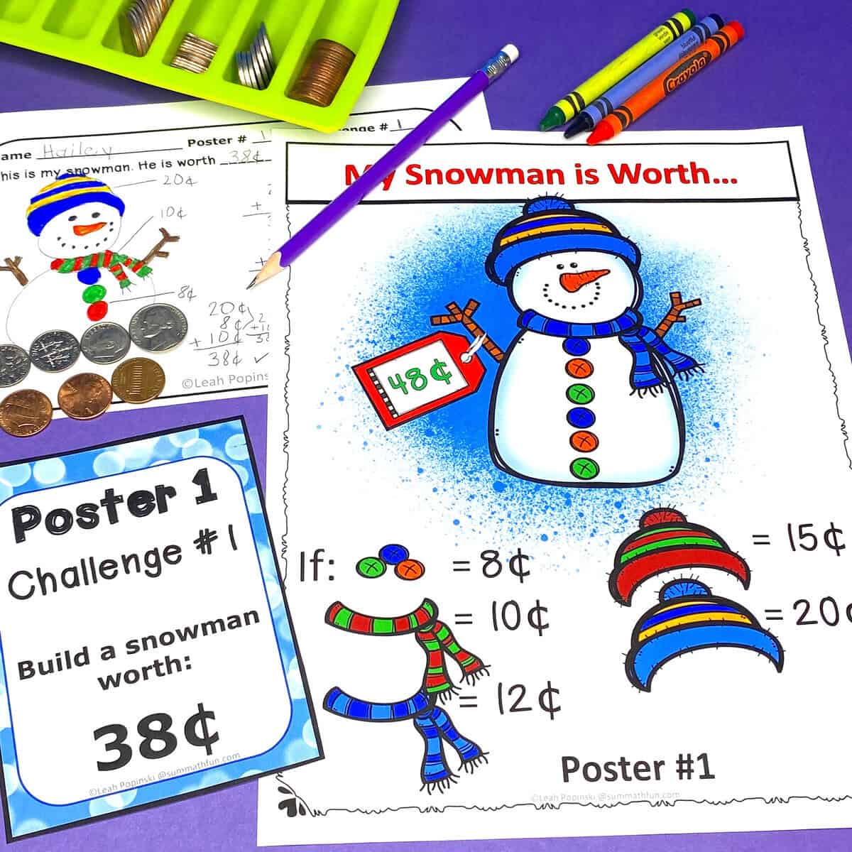 Build a Snowman Money Activity for counting coins with winter-themed math practice.