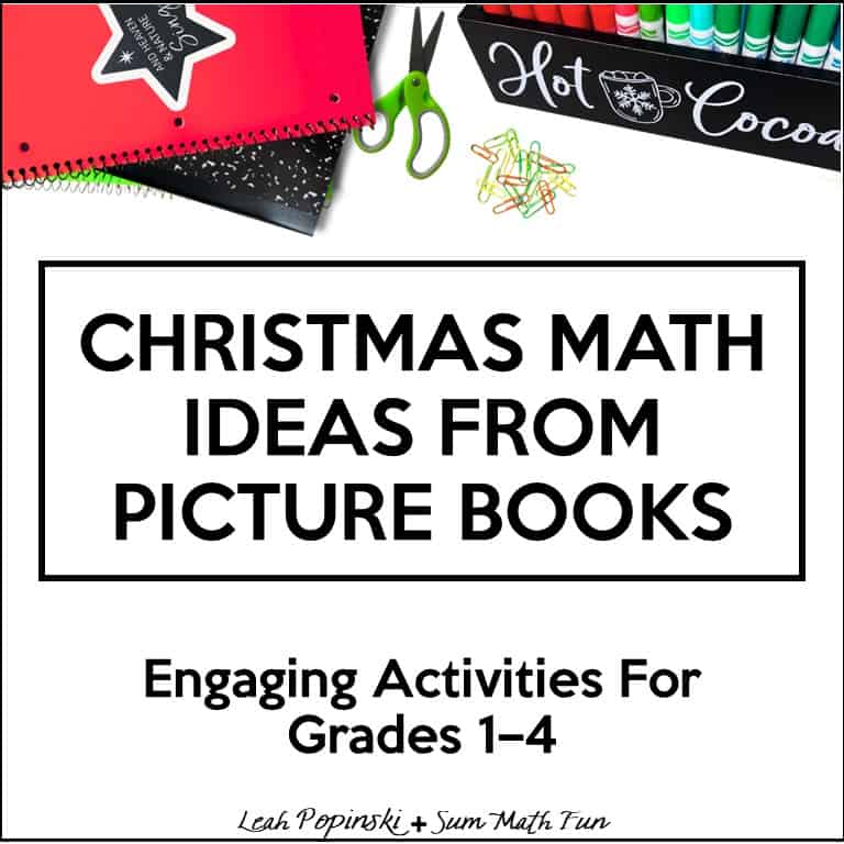 Primary image with the title “Christmas Math Ideas From Picture Books” and subtitle “Engaging activities for Grades 1–4,” promoting simple December math ideas connected to Christmas read-alouds.