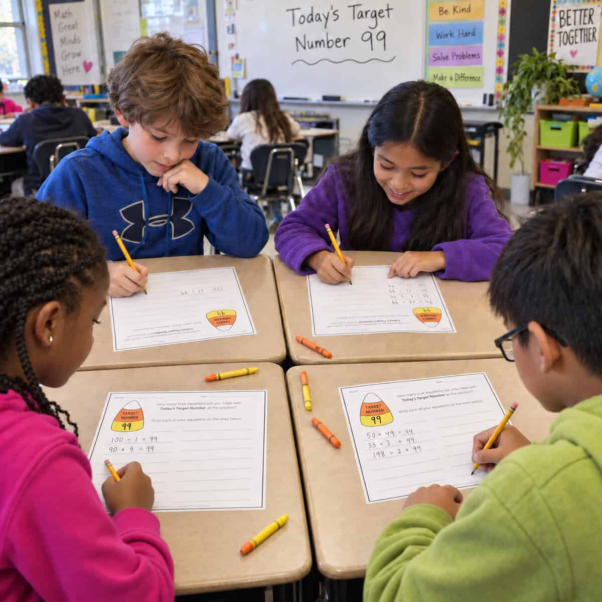 Four fourth graders create equations equal to 99 on fall Target Number worksheets during a classroom math warm-up.